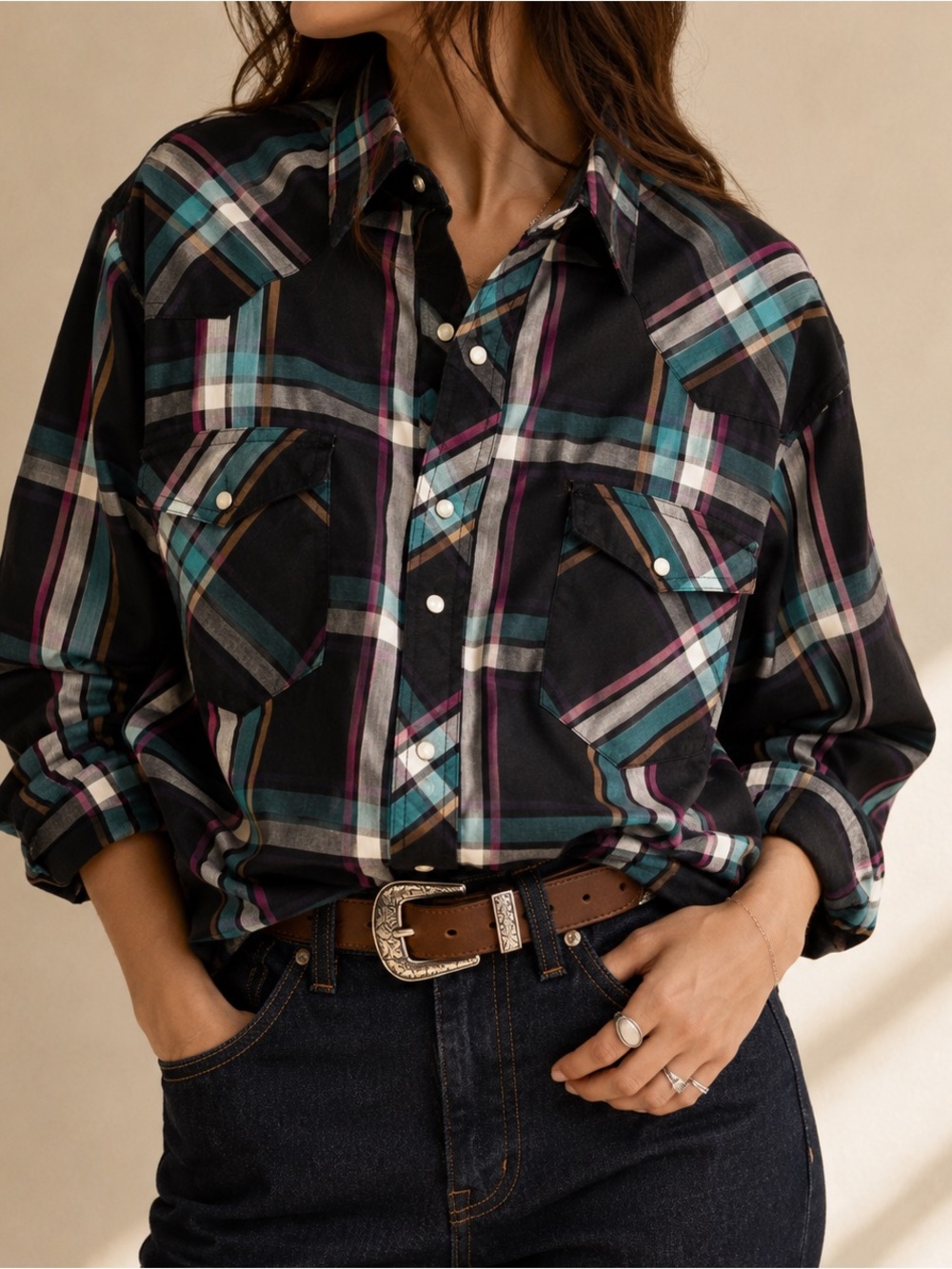 Vintage American Hero Western Pearl Snap Plaid Shirt Black Turquoise M